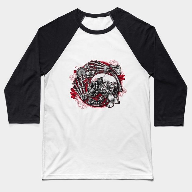 To All of Us Comes Death Skull and Bones Baseball T-Shirt by kansaikate